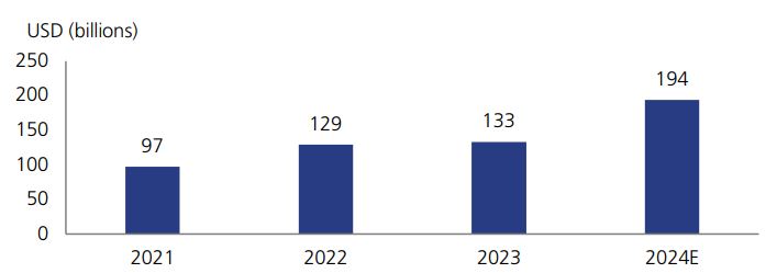 Bar chart showing annual revenue in USD billions: 97B (2021), 129B (2022), 133B (2023), and an estimated 194B (2024), indicating strong projected growth.