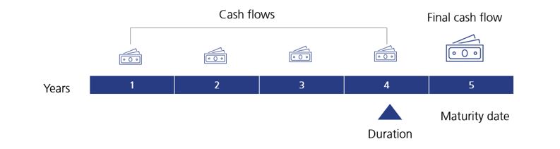 Timeline diagram of 5-year cash flows with money icons per year; final flow at year 5 marked 'maturity date'. A triangle labeled 'Duration' points between years 2 and 3.