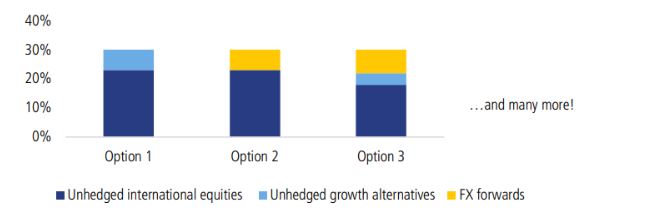Bar chart comparing three investment options by percentage: Option 1—20% unhedged equities, 5% growth alternatives; Option 2—20% equities, 10% FX forwards; Option 3—15% equities, 5% alternatives, 5% FX forwards.