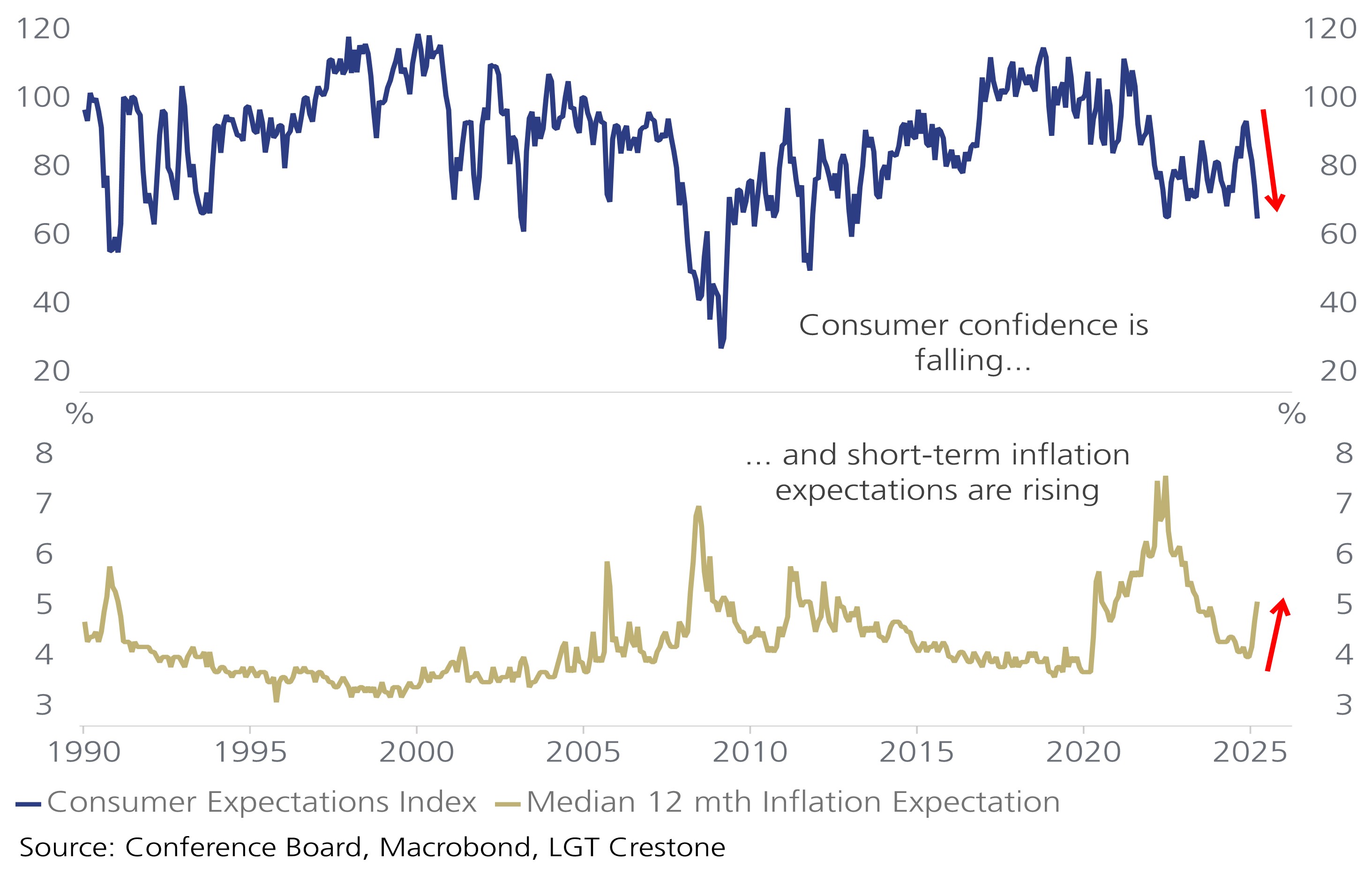Dual line chart showing US consumer confidence dropping sharply while short-term inflation expectations rise in 2025.