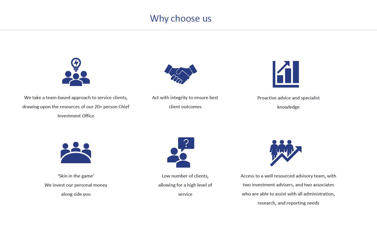 Infographic titled 'Why choose us' showing six reasons to select LGT Wealth Management, including team-based support, integrity, proactive advice, personal investment, high-touch service, and access to a well-resourced advisory team.