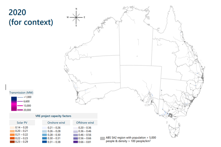 Map of Australia (2020) showing transmission lines and VRE project capacity factors for solar PV, onshore wind, and offshore wind. Transmission ranges from <1,000 MW to 20,000 MW; capacity factors range from 0.14 to 0.81.