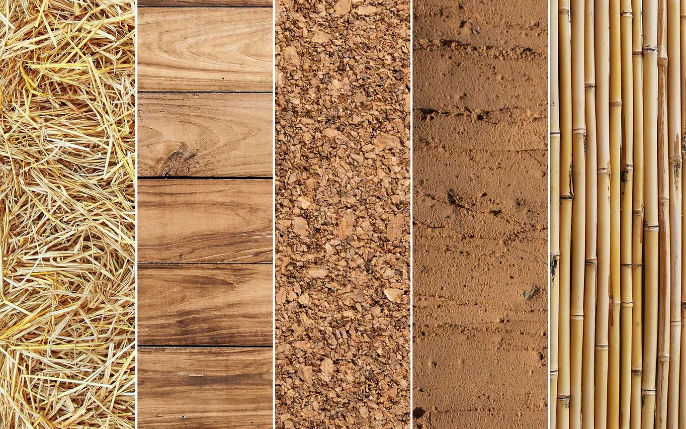 Natural building materials (from left: straw, wood, cork, cob, bamboo) 