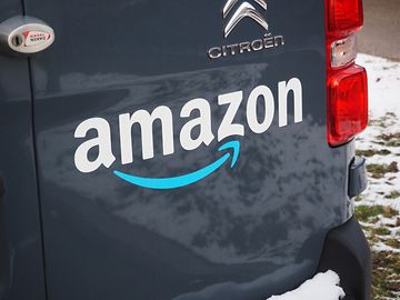 Amazon van, parked in the snow