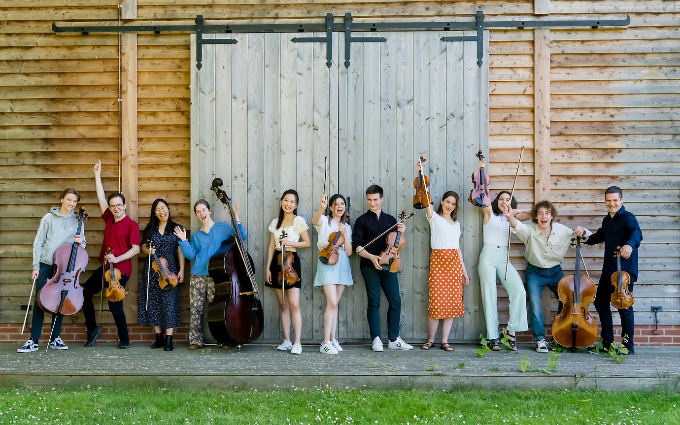 string musicians stood against wood doors 