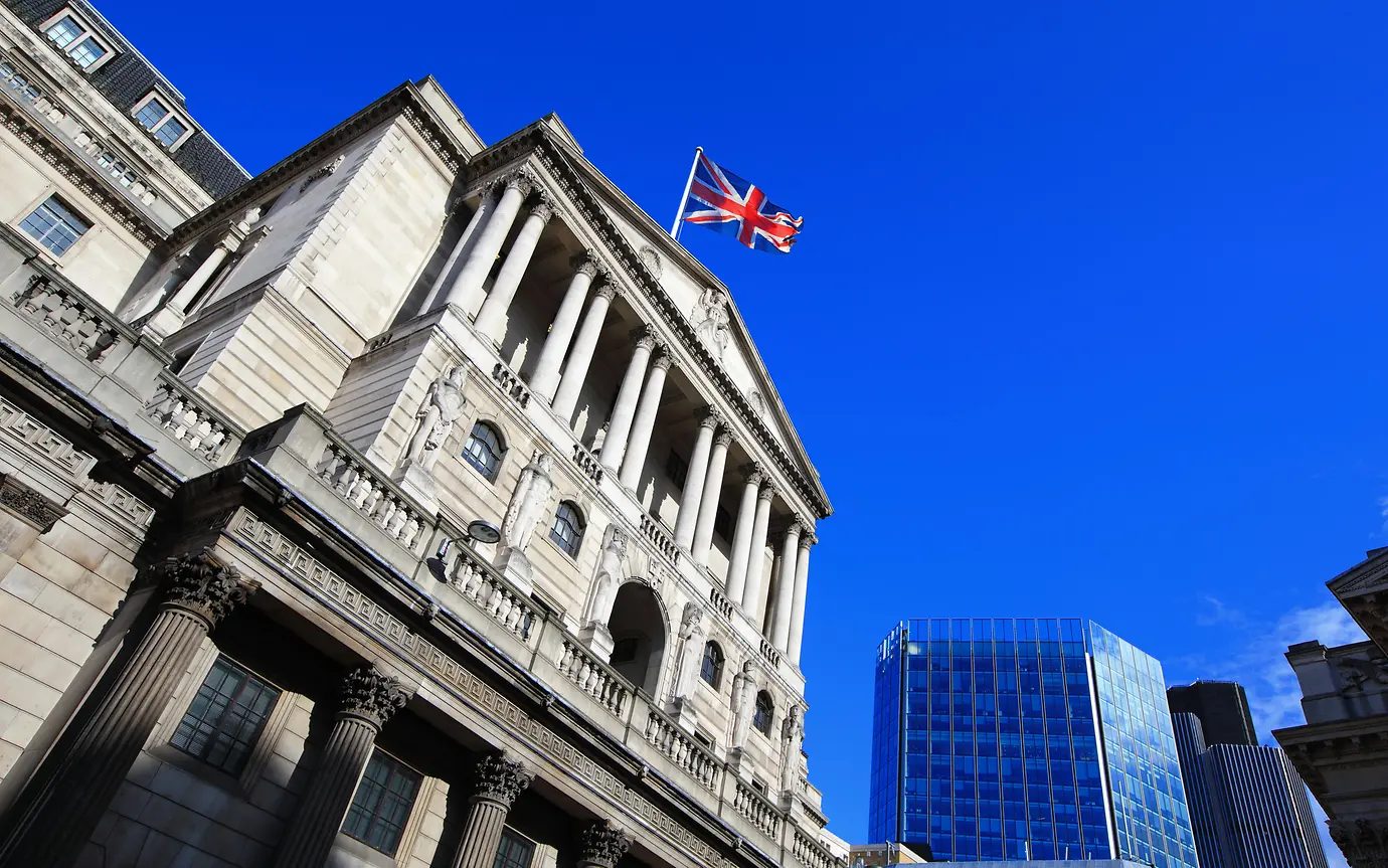 upward view of the Bank of England against background of blue skies