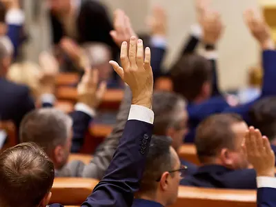 male with hand raised in voting session.