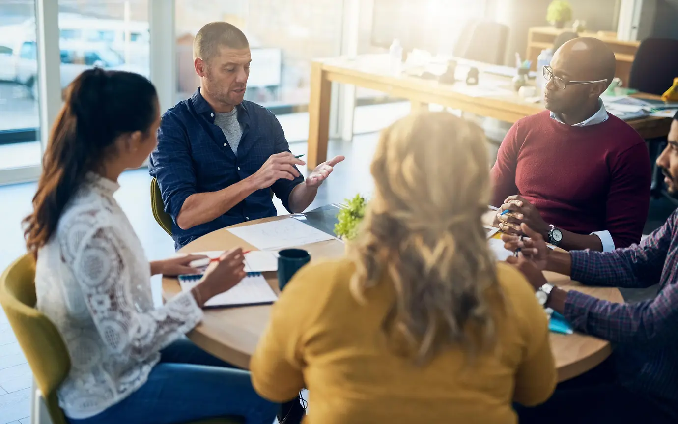 team, discussion and planning in modern office