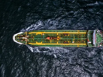 Aerial top view of oil tanker