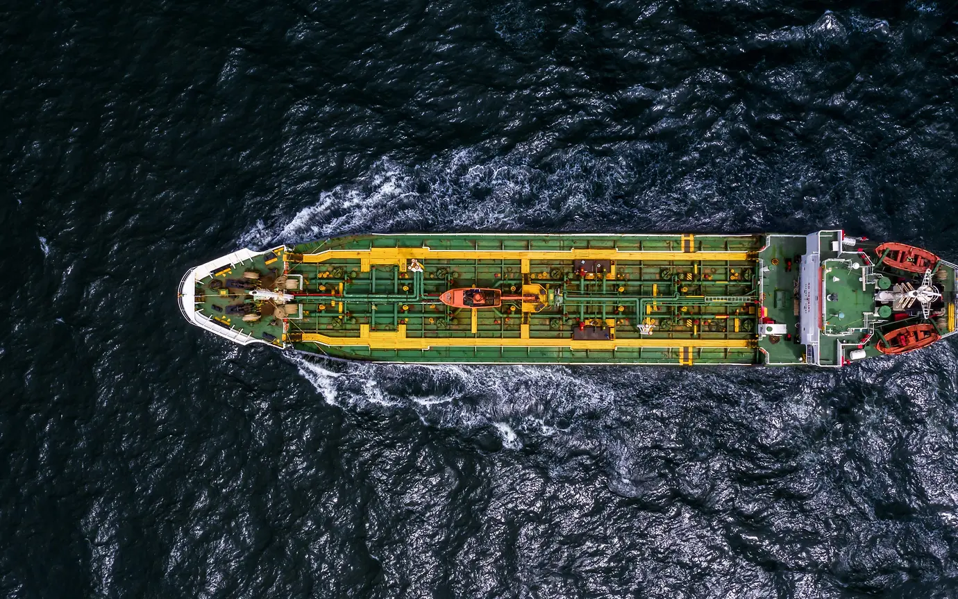 Aerial top view of oil tanker