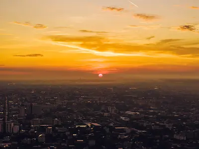 Sunset over city skyline