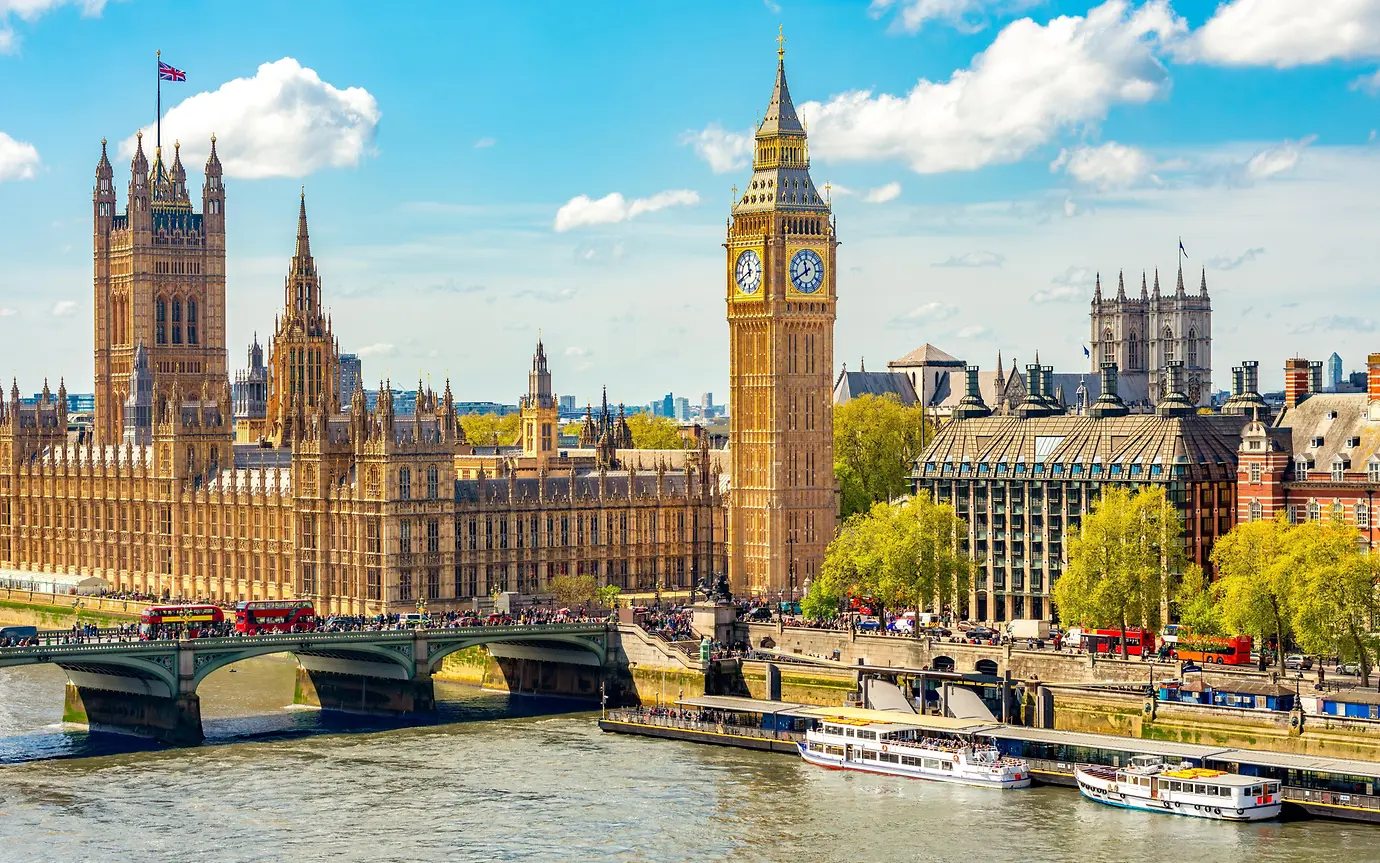 London cityscape with Houses of Parliament and Big Ben tower