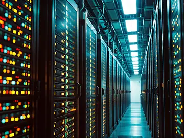 Data centers filled with rows and rows of servers as blinking light indicate constant processing, high detail, cinematic angle composition