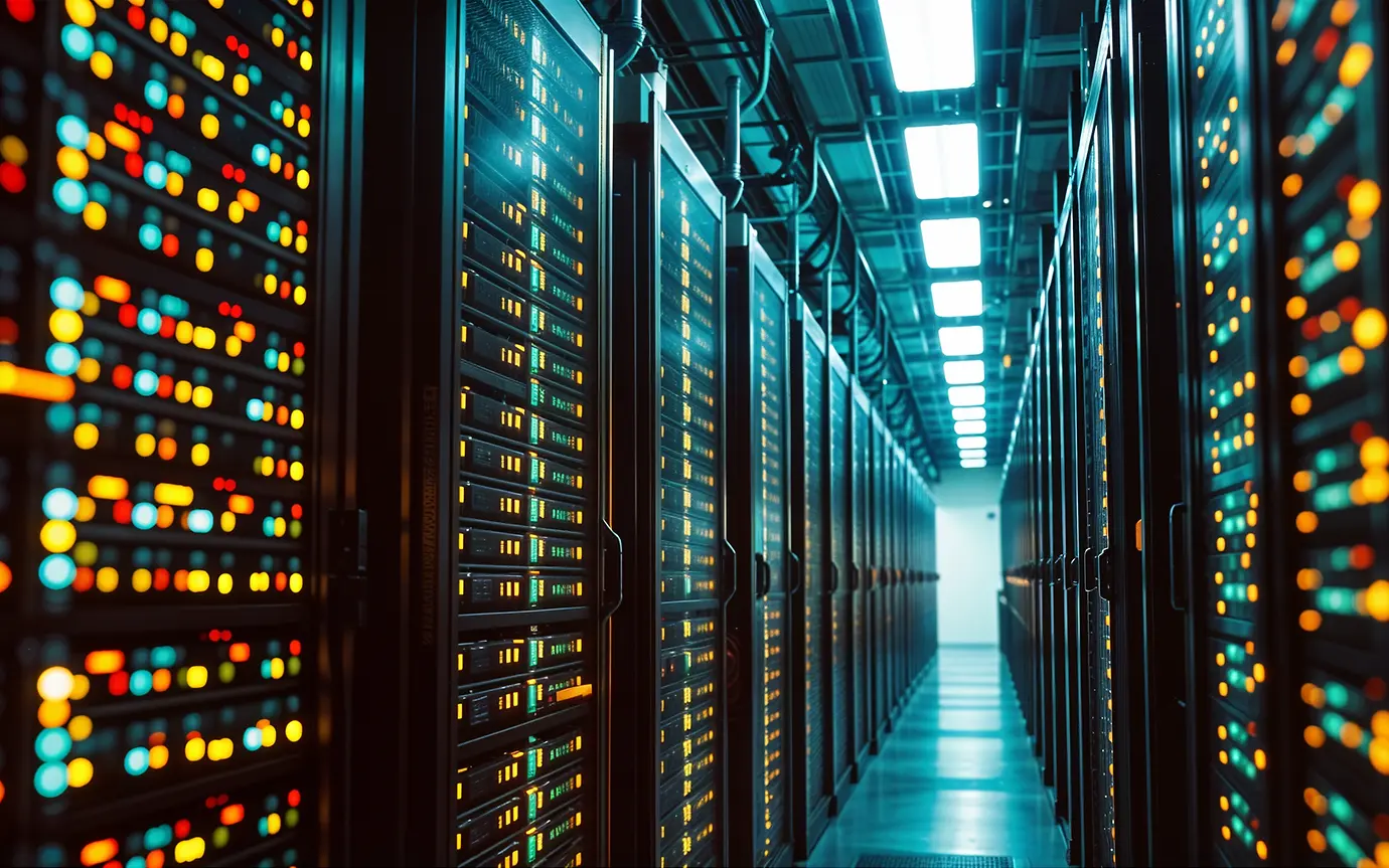 Data centers filled with rows and rows of servers as blinking light indicate constant processing, high detail, cinematic angle composition