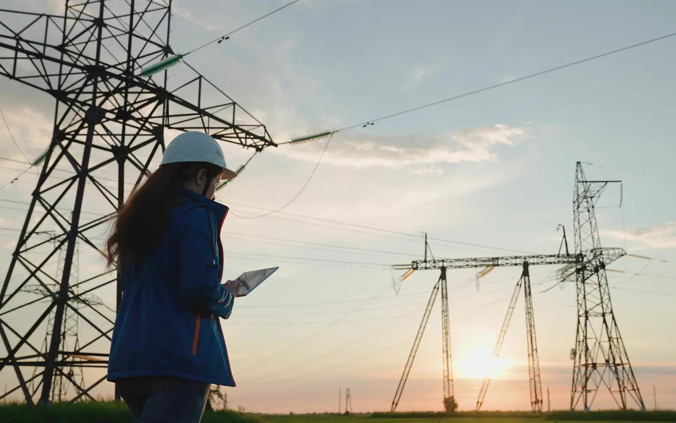 Woman Electricity supply company employee works outdoors, services high voltage electric lines at sunset. Engineer woman power engineer in white helmet checks power line using computer tablet