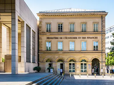 Front view of the reception building of the Ministry of the Economy and Finance