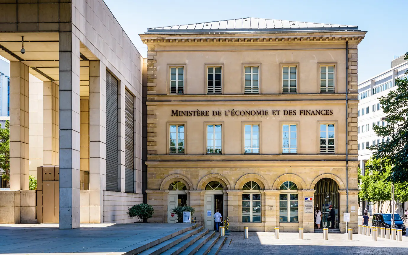 Front view of the reception building of the Ministry of the Economy and Finance